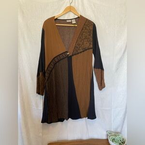 Koret Small Patchwork Crinkle Brown Black Bohemian Button Blouse Long Sleeve